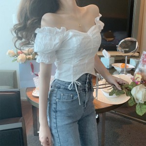 Square Neck Bubble Short Sleeve Retro Fashion One-Shoulder White Short Blouse Women