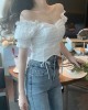 Square Neck Bubble Short Sleeve Retro Fashion One-Shoulder White Short Blouse Women