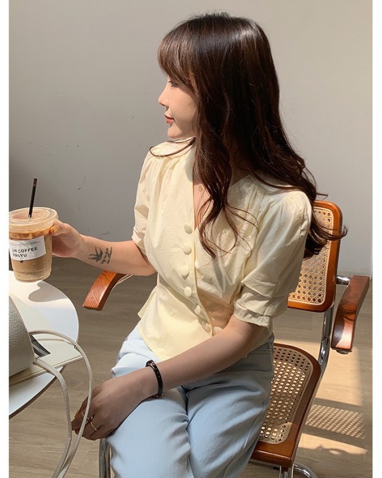 Summer New Style Korean Design Puff Sleeve Short Blouse Women