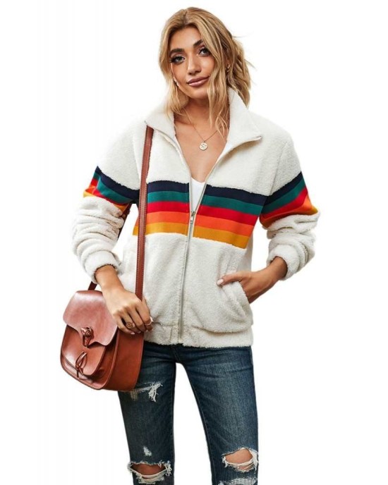 Rainbow Stripes White Sherpa Jacket Coat