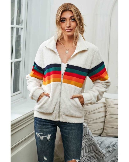 Rainbow Stripes White Sherpa Jacket Coat