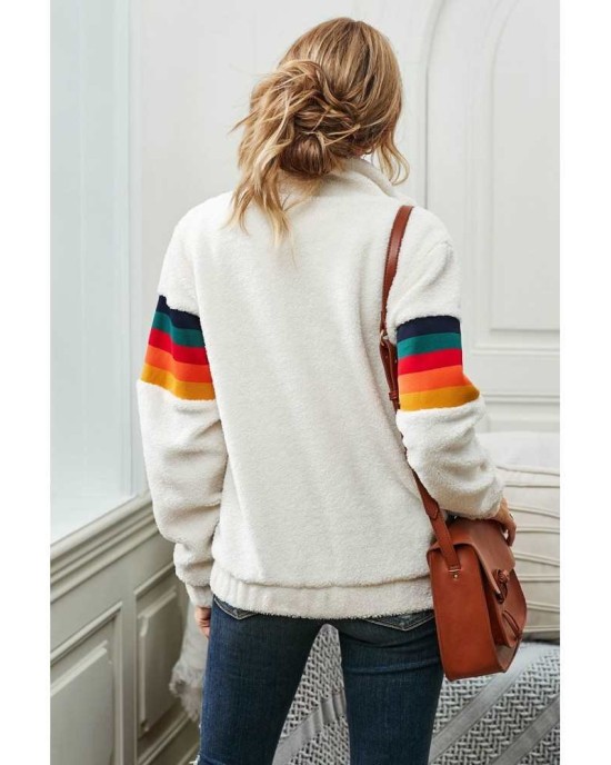 Rainbow Stripes White Sherpa Jacket Coat