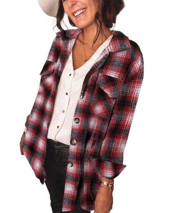 Red Plaid Button Closure Pocket Jacket - from category Jackets & Coats