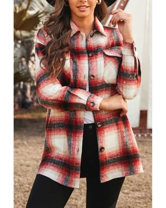 Red Turn down Neck Plaid Pocket Button Closure Coat - from category Jackets & Coats