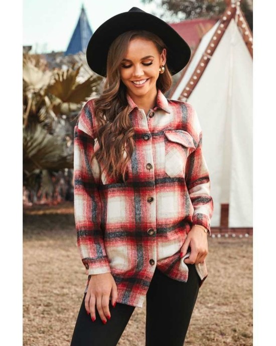 Red Turn down Neck Plaid Pocket Button Closure Coat - from category Jackets & Coats