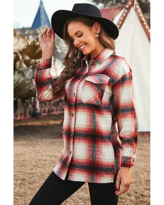 Red Turn down Neck Plaid Pocket Button Closure Coat - from category Jackets & Coats