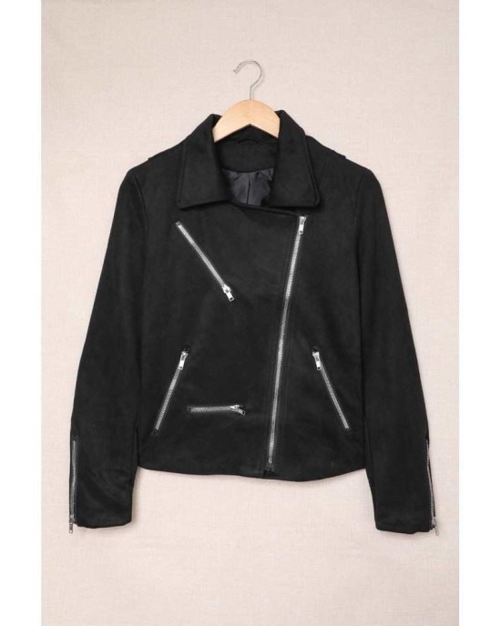 Black Zipped Notch Collar Short Jacket