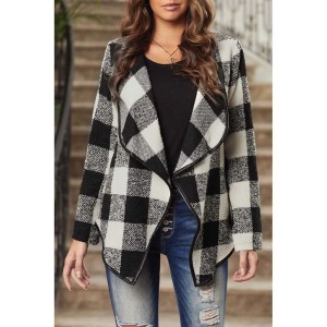 Plaid Long Sleeve Asymmetric Collar Open Front Coat 