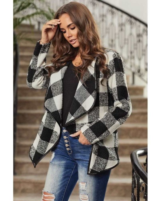 Plaid Long Sleeve Asymmetric Collar Open Front Coat 