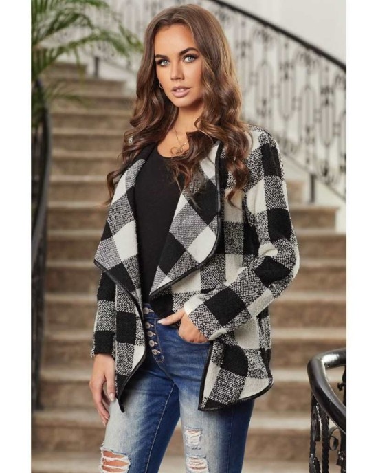 Plaid Long Sleeve Asymmetric Collar Open Front Coat 