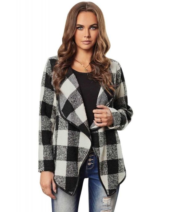 Plaid Long Sleeve Asymmetric Collar Open Front Coat 