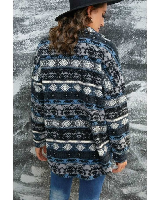 Blue Tribal Print Pocket Buttoned Sherpa Jacket - from category Jackets & Coats