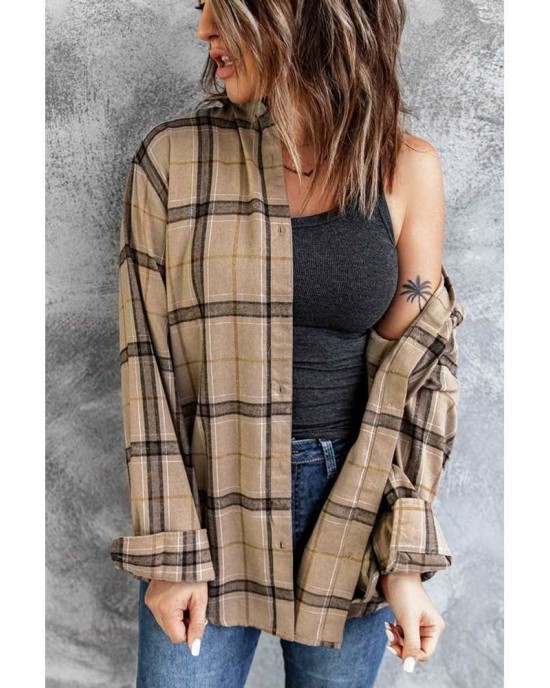 Brown Button-up Long Sleeve Plaid Shacket - from category Jackets & Coats