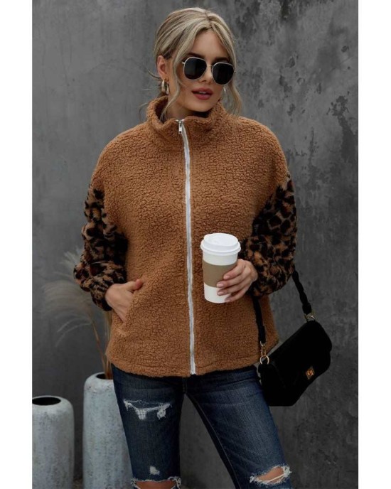 Brown Leopard Raglan Sleeve Zipped Sherpa Coat - from category Jackets & Coats