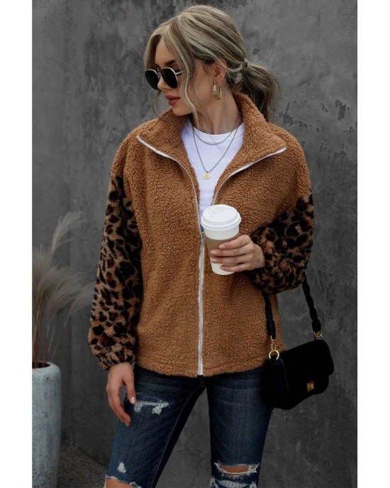 Brown Leopard Raglan Sleeve Zipped Sherpa Coat - from category Jackets & Coats