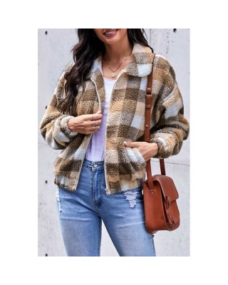 Brown Plaid Print Sherpa Jacket Coat