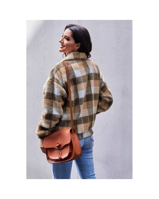 Brown Plaid Print Sherpa Jacket Coat