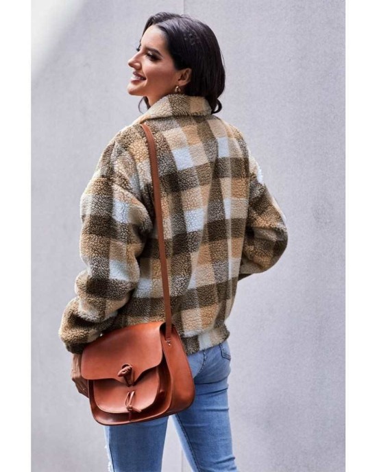 Brown Plaid Print Sherpa Jacket Coat