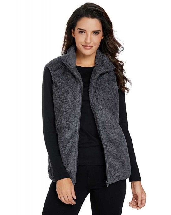 Gray Furry High Neck Vest Jacket