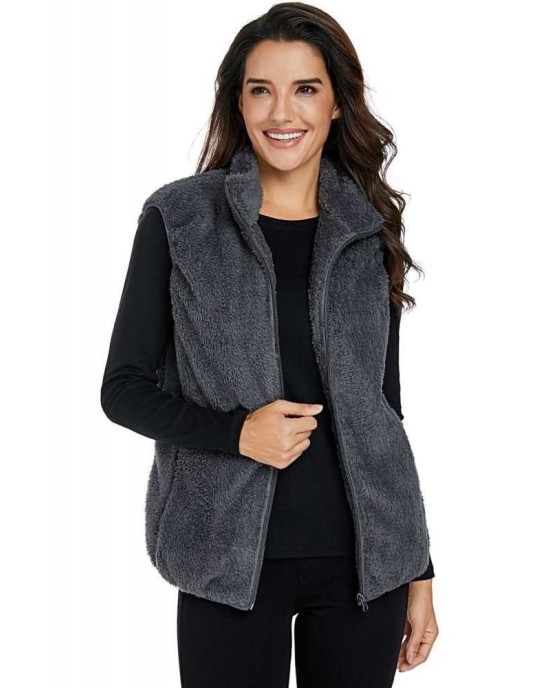 Gray Furry High Neck Vest Jacket