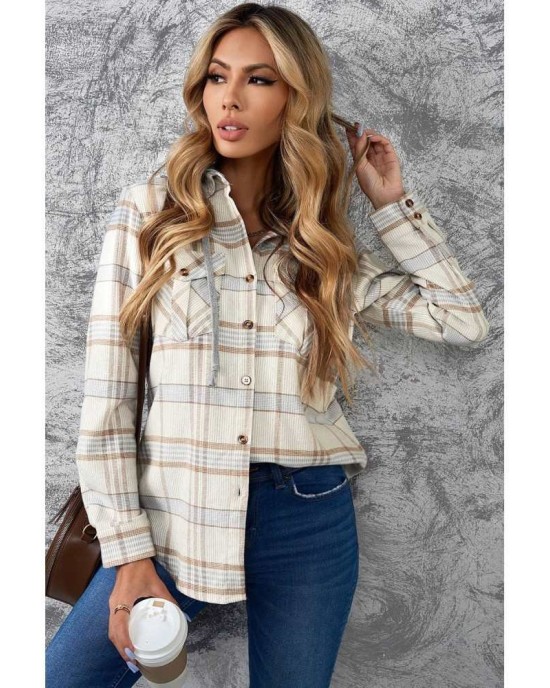 Khaki Plaid Hooded Shirt Coat - from category Jackets & Coats