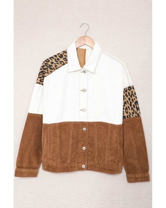 Leopard Color Block Buttons Corduroy Jacket - from category Jackets & Coats