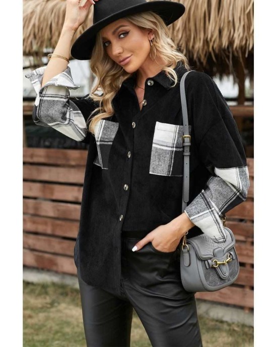 Plaid Splicing Button-up Corduroy Jacket - from category Jackets & Coats