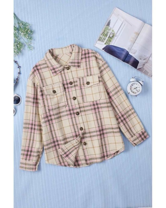 Pocketed Button-up Long Sleeve Plaid Jacket - from category Jackets & Coats