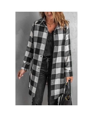 Black Turn-down Collar Plaid Shirt Coat - from category Jackets & Coats