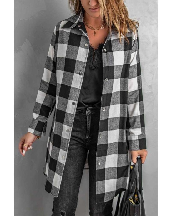 Black Turn-down Collar Plaid Shirt Coat - from category Jackets & Coats