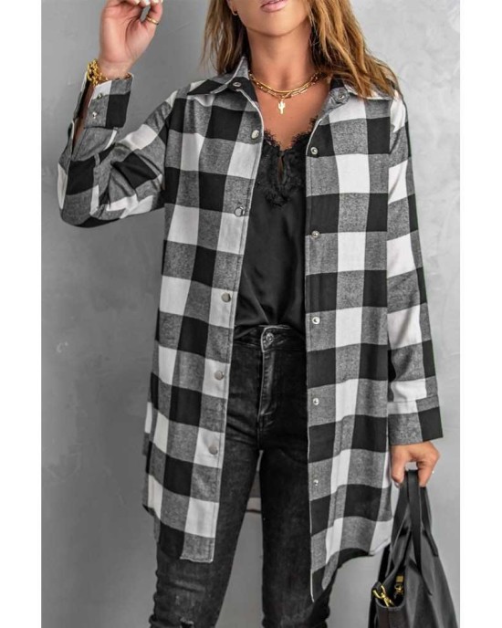 Black Turn-down Collar Plaid Shirt Coat - from category Jackets & Coats