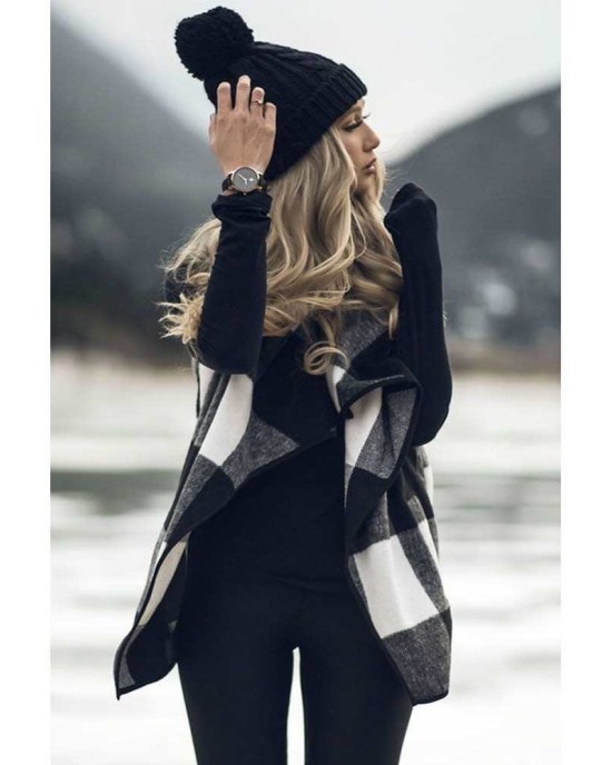 Black White Plaid Open Front Vest - from category Jackets & Coats