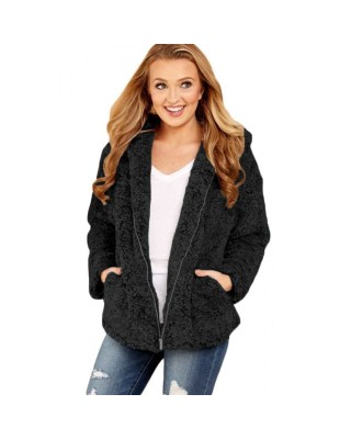 Black Zip Down Furry Hooded Jacket