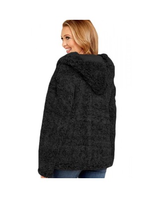 Black Zip Down Furry Hooded Jacket