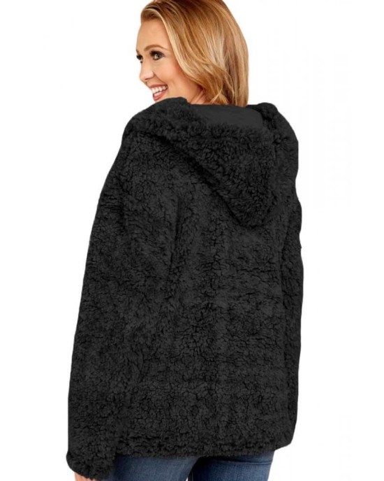 Black Zip Down Furry Hooded Jacket