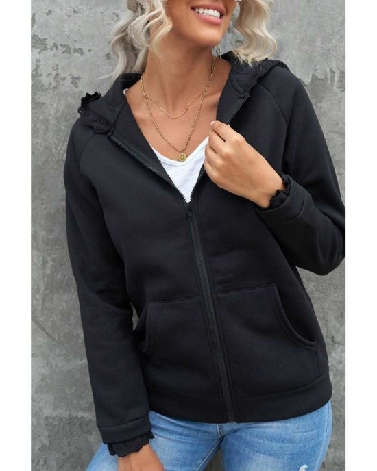 Black Zip-up Lace Trim Hooded Coat - from category Jackets & Coats