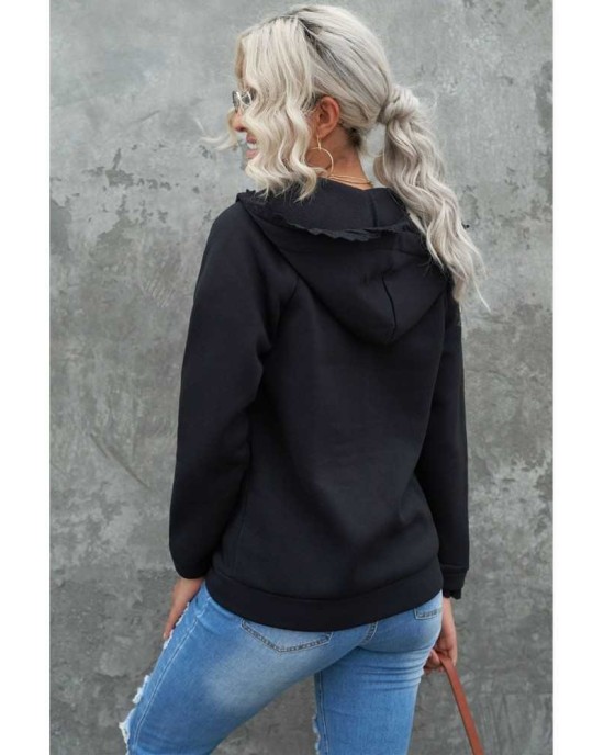 Black Zip-up Lace Trim Hooded Coat - from category Jackets & Coats