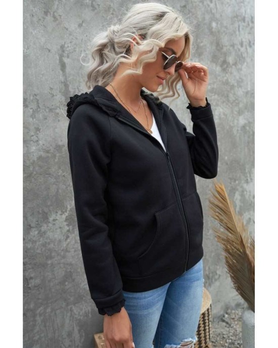 Black Zip-up Lace Trim Hooded Coat - from category Jackets & Coats