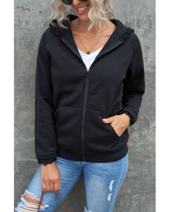 Black Zip-up Lace Trim Hooded Coat - from category Jackets & Coats