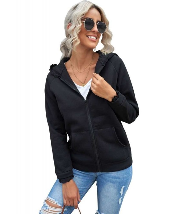 Black Zip-up Lace Trim Hooded Coat - from category Jackets & Coats