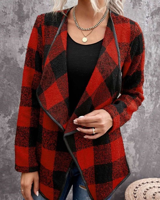 Plaid Long Sleeve Asymmetric Collar Open Front Coat 