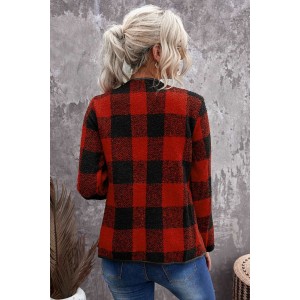 Plaid Long Sleeve Asymmetric Collar Open Front Coat 