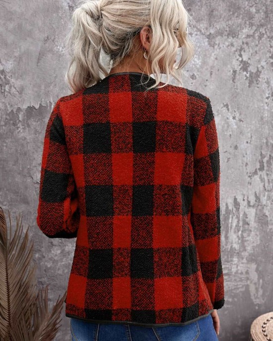 Plaid Long Sleeve Asymmetric Collar Open Front Coat 