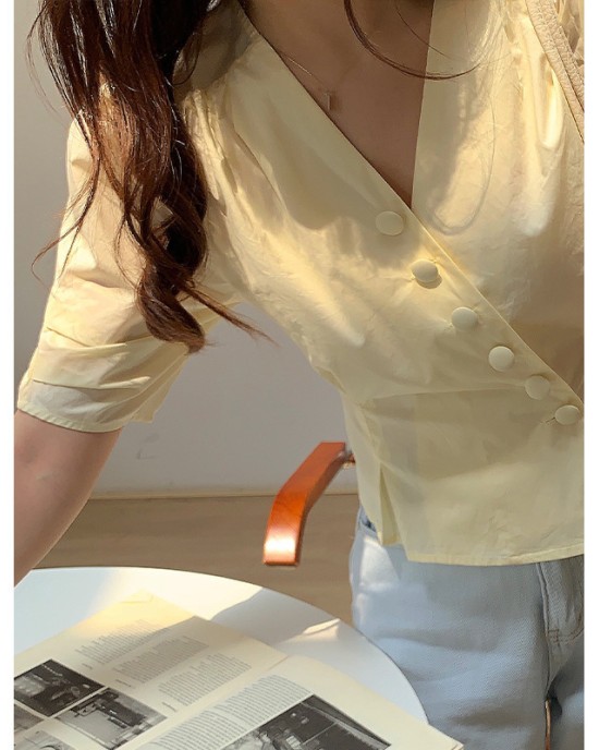 Summer New Style Korean Design Puff Sleeve Short Blouse Women