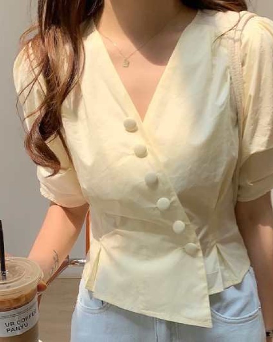 Summer New Style Korean Design Puff Sleeve Short Blouse Women