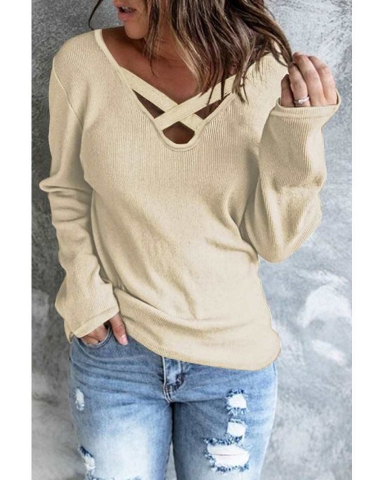 Crisscross Neck Ribbed Knit Top