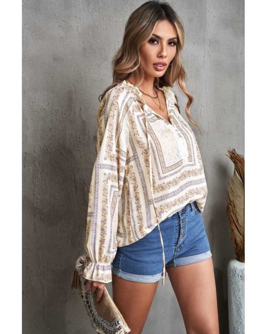 Beige V Neck Lantern Sleeve Drawstring Tribal Print Top - from category Long Sleeve Tops