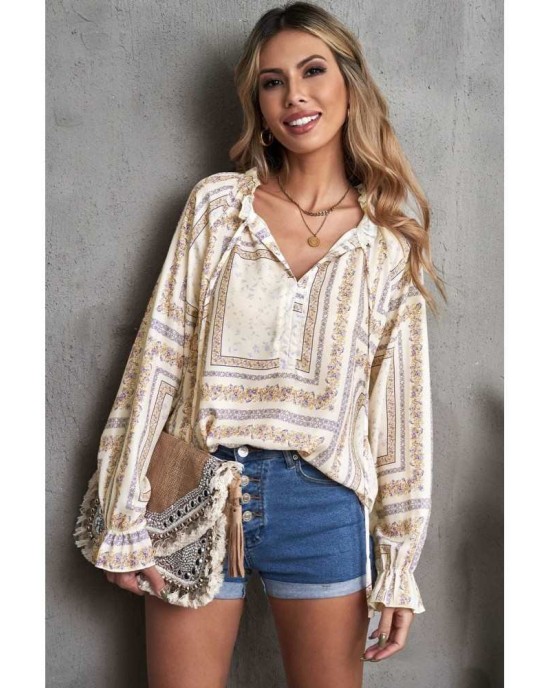 Beige V Neck Lantern Sleeve Drawstring Tribal Print Top - from category Long Sleeve Tops