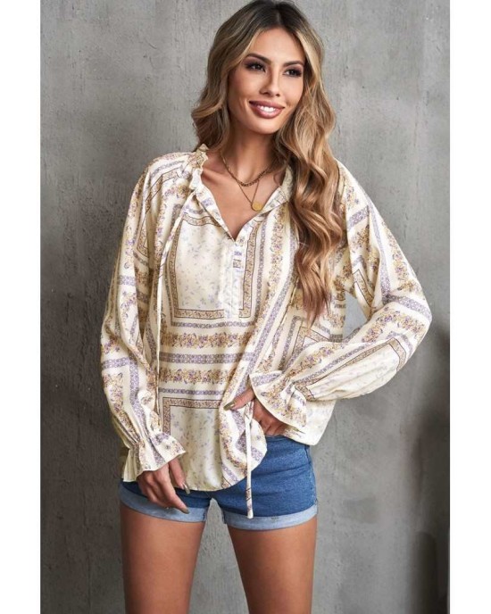 Beige V Neck Lantern Sleeve Drawstring Tribal Print Top - from category Long Sleeve Tops