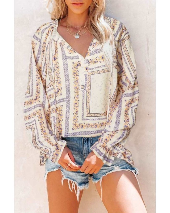 Beige V Neck Lantern Sleeve Drawstring Tribal Print Top - from category Long Sleeve Tops